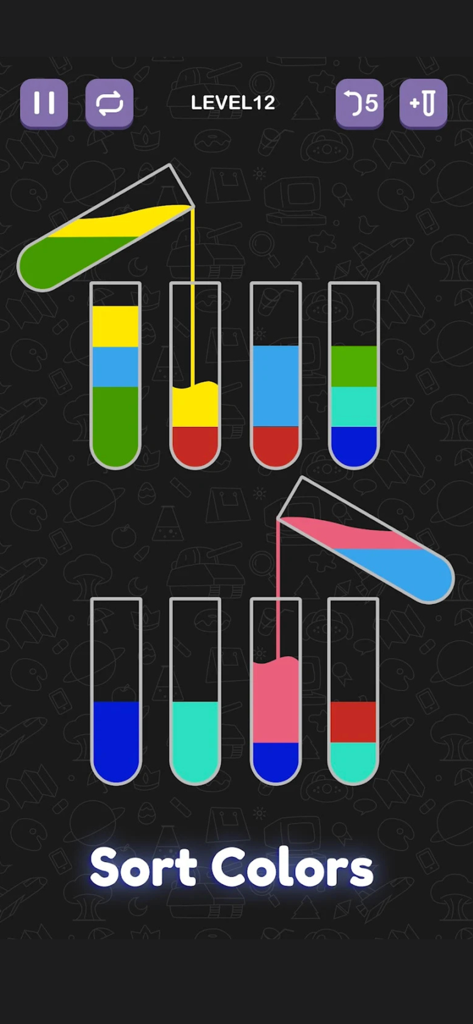 Water Sorting Color IQ Puzzle - Interfaz del juego de Puzzle de Ordenar Agua Color IQ que muestra agua de colores vertiéndose en tubos de ensayo