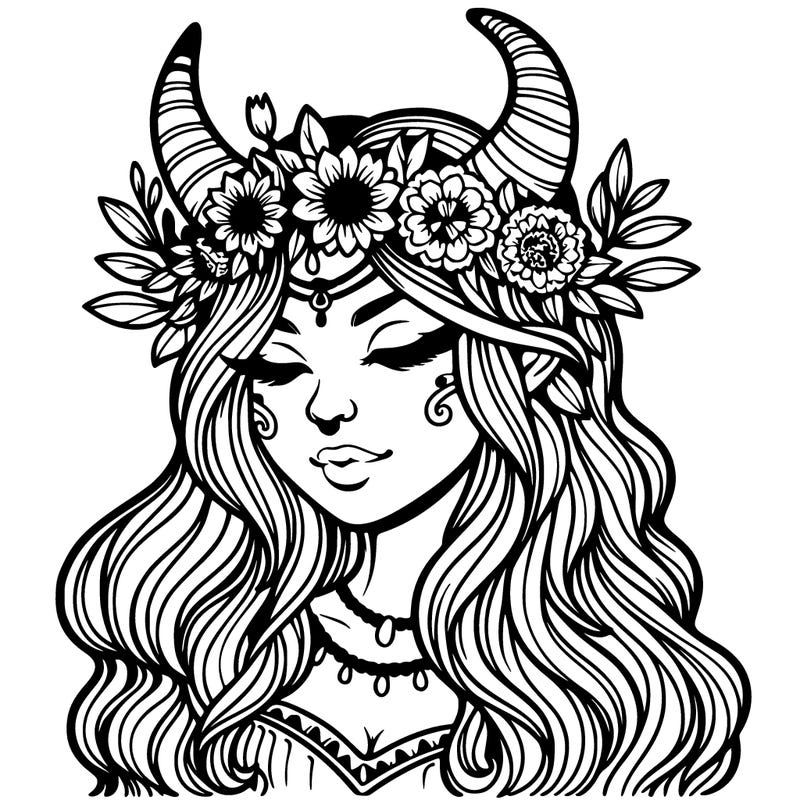 detailed woman with horns and a flower crown
