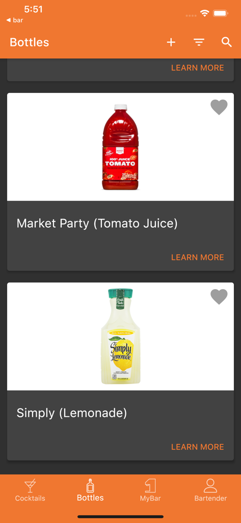 MyBar.io - Screenshot of the MyBar app showing available bottles and mixers for cocktail making