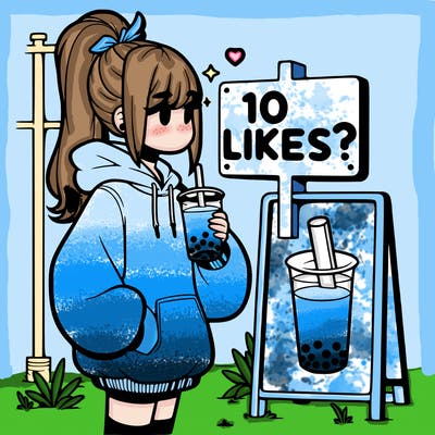 girl with oversized hoodie drinking boba and she has a high ponytail with a sign that says 10likes?