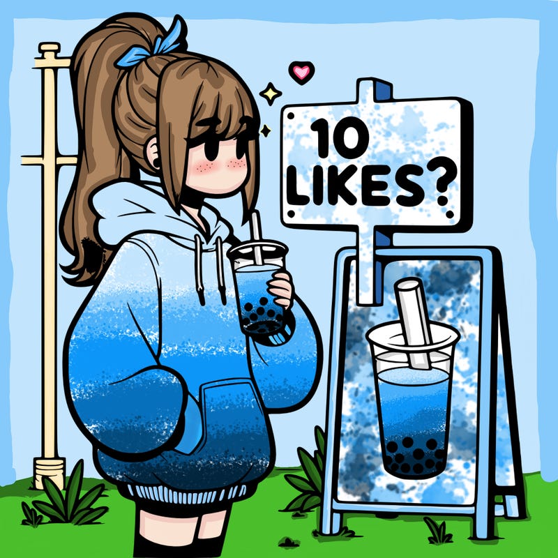 girl with oversized hoodie drinking boba and she has a high ponytail with a sign that says 10likes?