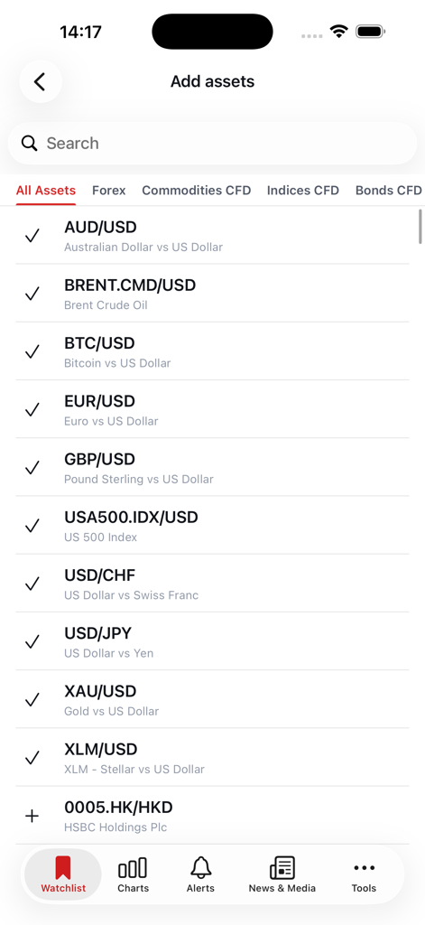 Swiss Forex - Interface of the Swiss Forex app showing a list of tradeable assets including forex pairs and CFDs