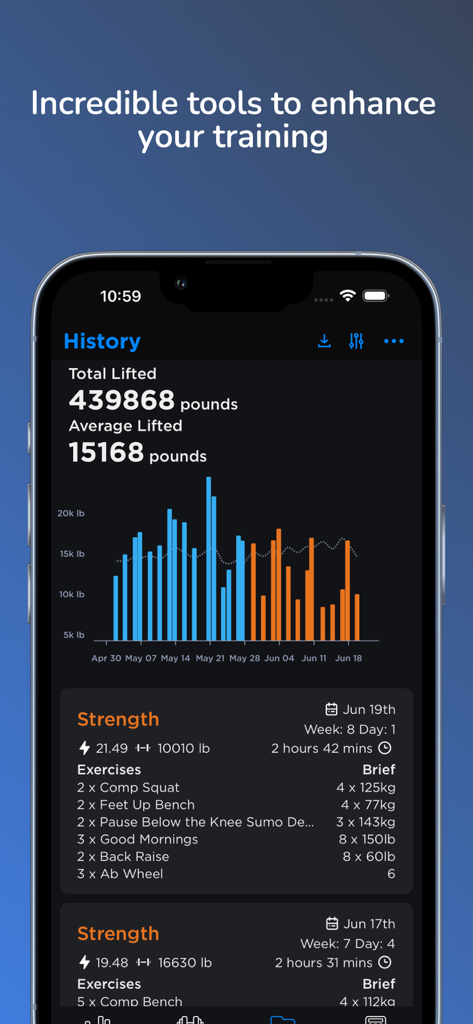 JuggernautAI training history screen displaying total weight lifted and daily workout performance logs