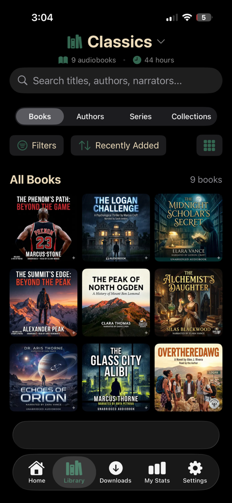 Audra Books - Audra Books app library screen showing a grid of audiobook covers in the Classics category with a dark mode interface.