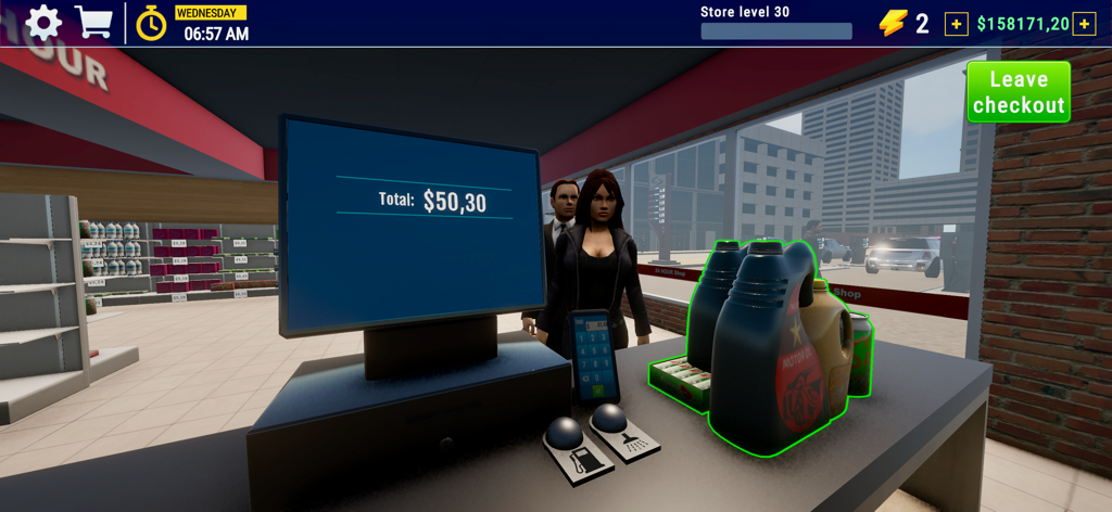 City Gas Station Simulator 3D - First-person view of a cashier checkout counter in a gas station simulator showing a digital register, motor oil products, and a customer waiting.