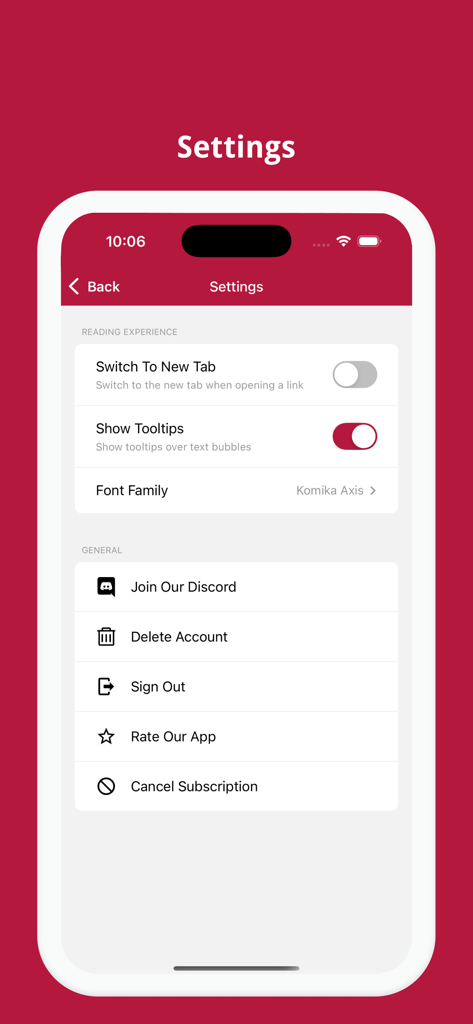 The settings screen of the Manga Translator app displaying reading experience and general configuration options.