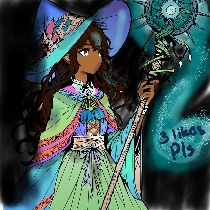 a realistic fantasy manga witch with a staff