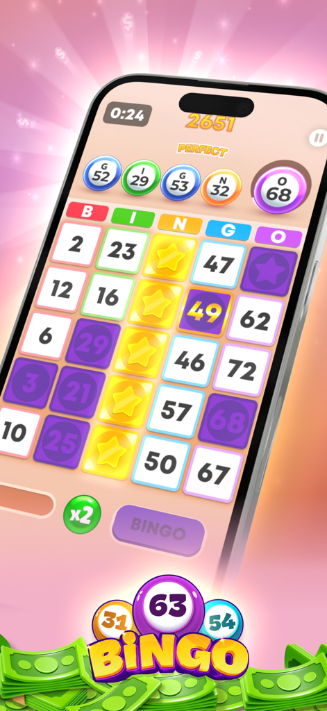 Blitz - Win Cash - Interface do jogo de bingo Blitz Win Cash em uma tela de iPhone com cartelas de bingo coloridas e recompensas em dinheiro