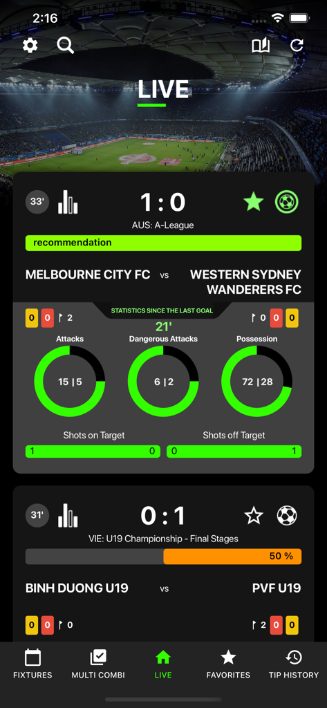 1x2LiveTip - 1x2LiveTip app interface displaying real-time soccer statistics and betting tips for live matches
