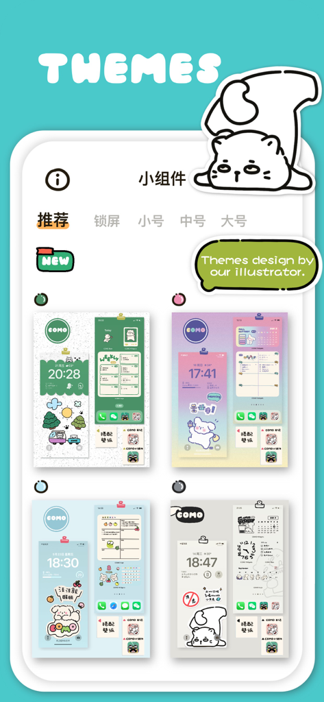 COMO Widgets - Adorable Widget - A selection of adorable and hand-drawn mobile themes featuring various color palettes and kawaii characters like Boss Cat.