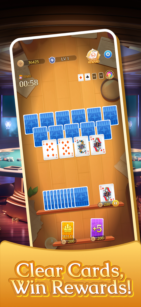Solitaire RushPro gameplay screen showing cards on a wooden table with a clear cards win rewards banner