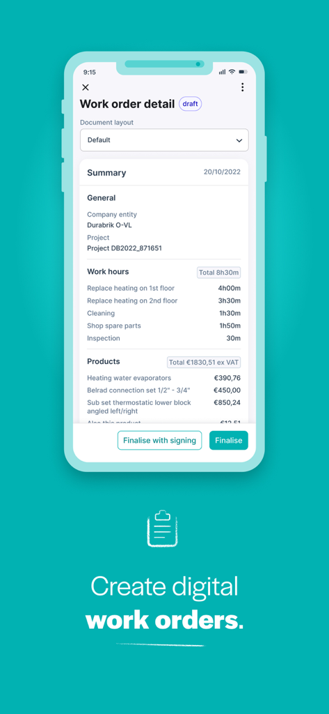 Teamleader Focus - Una pantalla de smartphone mostrando una orden de trabajo digital con detalles del trabajo, horas de trabajo y costos de productos en la aplicación Teamleader Focus.