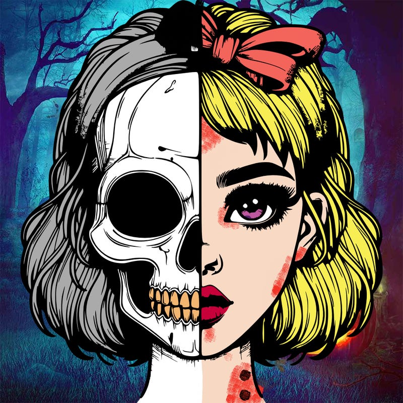 realistic girl with half skull mask