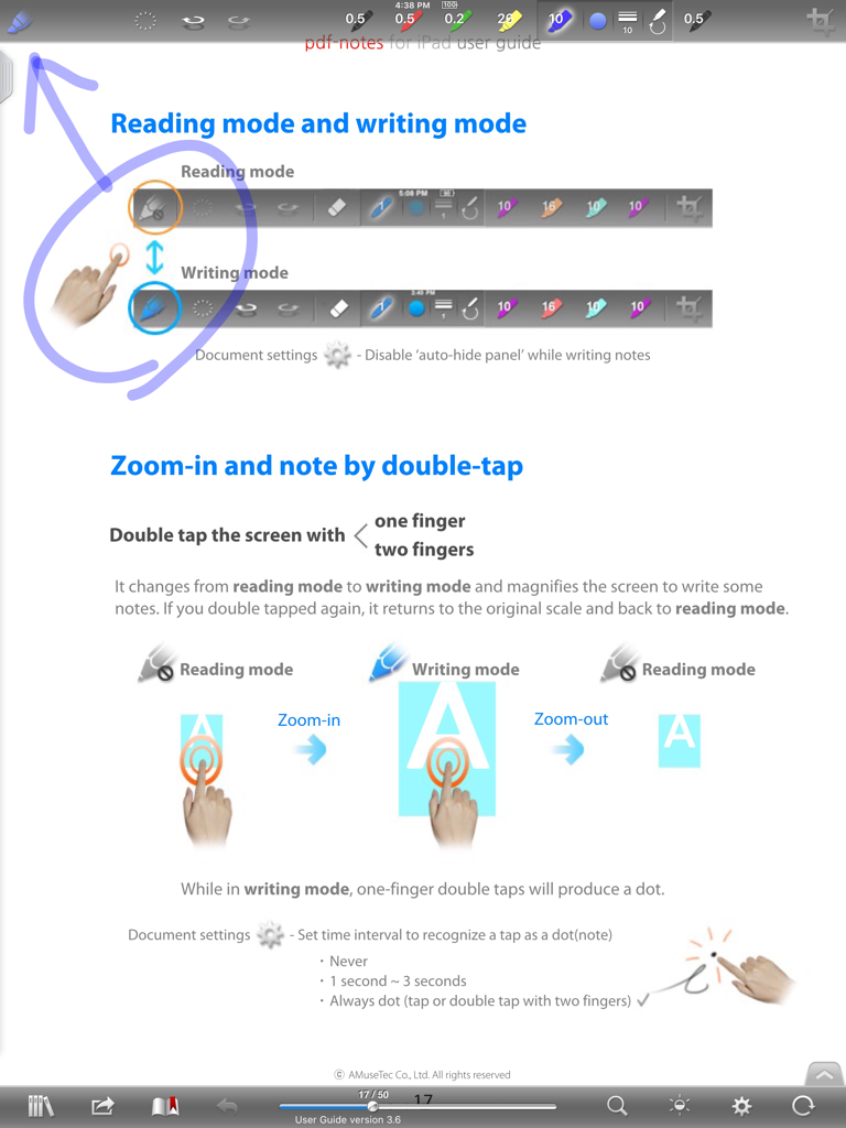 pdf-notes for iPad (ads) - Guide d'utilisation de l'application pdf-notes sur iPad expliquant les gestes pour les modes de lecture et d'écriture