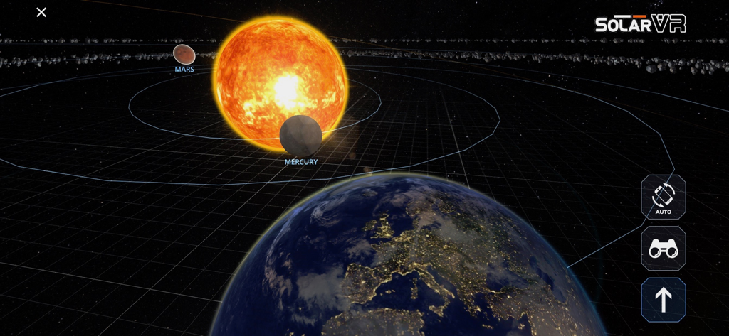 Solar System Scope VR - A 3D visualization of the solar system featuring the Sun, Earth, Mars, and Mercury with orbital paths and VR interface controls.