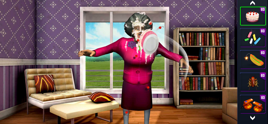 Gameplay-Screenshot von Scary Teacher 3D, der einen Kuchenstreich bei Miss T zeigt