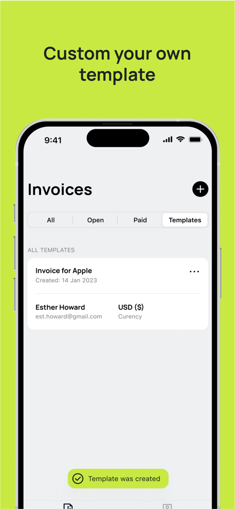 Mobile app interface showing the creation and management of professional custom invoice templates.