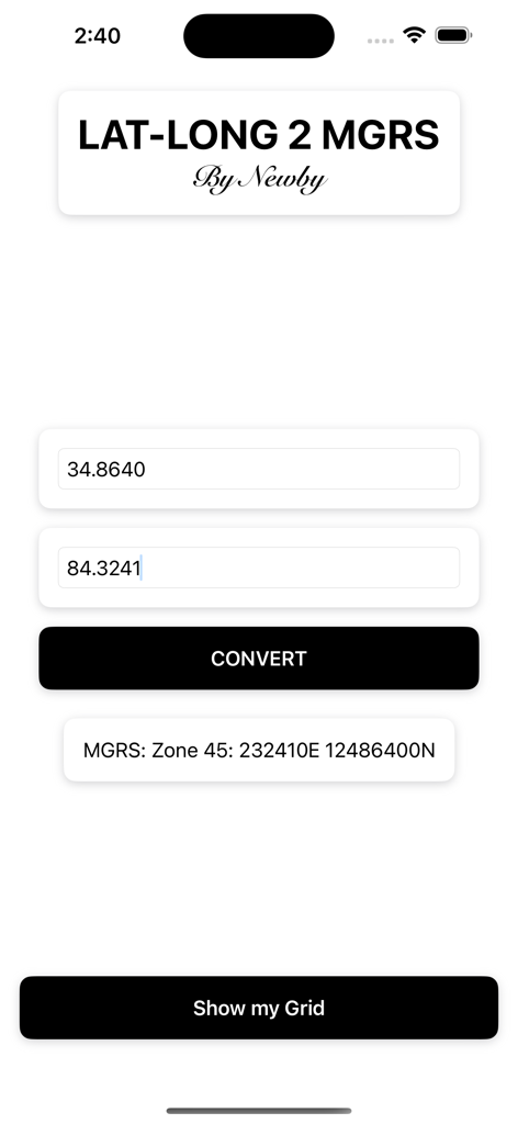 Smartphone screen showing the conversion of geographic coordinates into military grid reference system