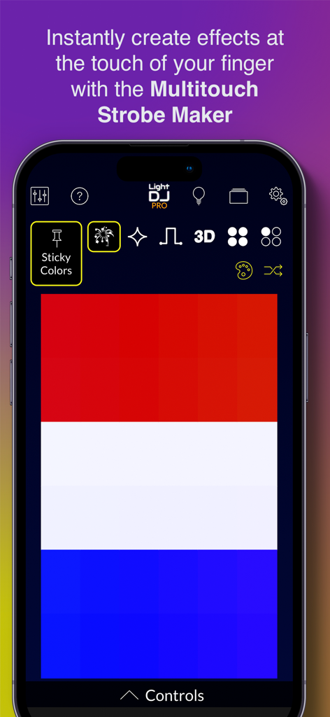 Light DJ Pro for Smart Lights - Light DJ Pro mobile app interface showing the Multitouch Strobe Maker with red white and blue lighting control panels.