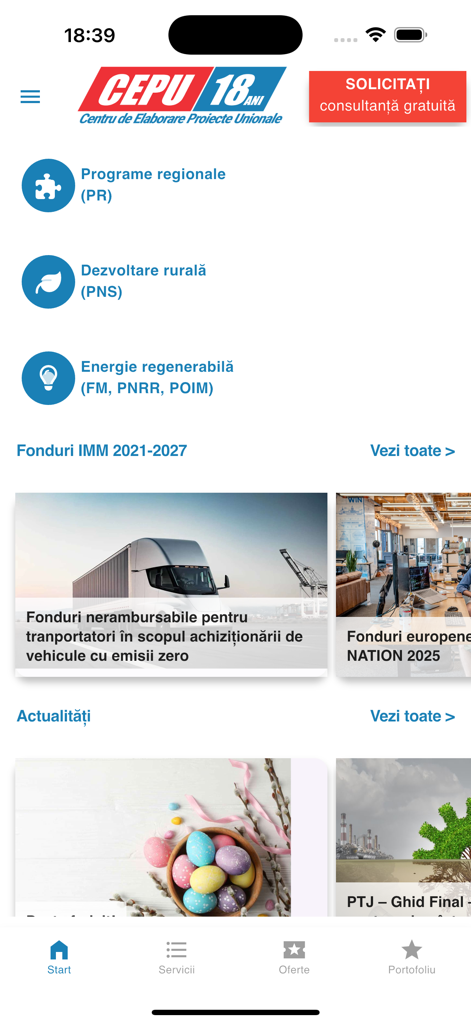 Home screen of the Fonduri UE app showing various business grant categories and a request for free consultancy button