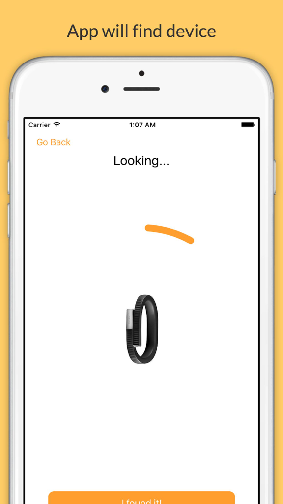 Finder for Jawbone - find your lost UP24, UP2, UP3 and UP4 - Écran de téléphone mobile montrant l'application Finder pour Jawbone recherchant un bracelet d'activité perdu
