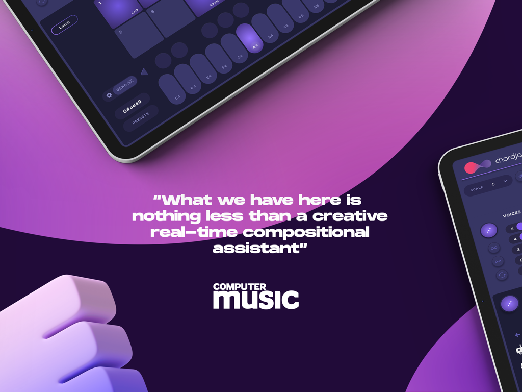 Chordjamアプリのコンピューターミュージックからのレビューで、リアルタイムのクリエイティブな作曲アシスタントと評されています。