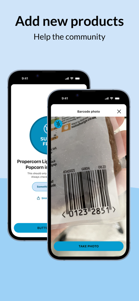 Sugar Free Scanner - Smartphone screen showing a user taking a photo of a barcode to contribute a new product to the sugar free scanner community