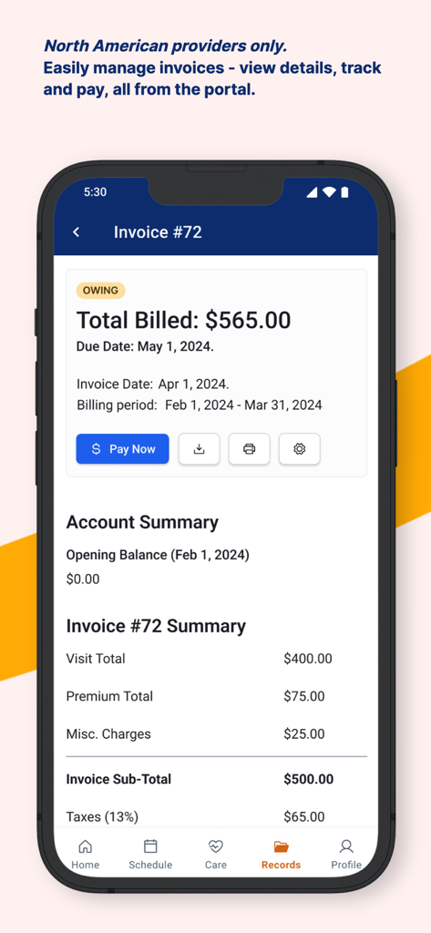 AlayaCare Family Portal - Mobile app interface displaying an invoice summary and payment button for home care services