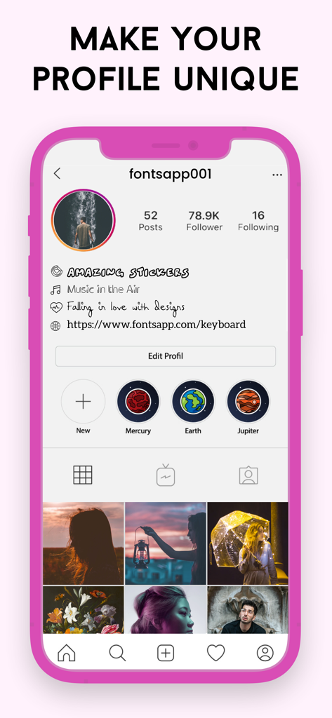 Fonts keyboard iphones app - iPhone screen displaying an Instagram profile with various artistic fonts used in the bio