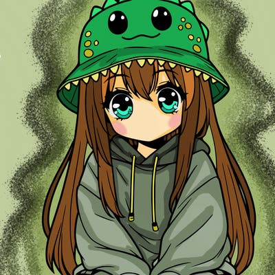 girl with anime shaped eyes with a dinosaur bucket hat oversized sweatshirt long straight hair