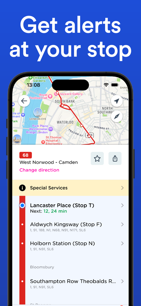 London Transport: Live TFL - Screenshot of the London Transport app showing live bus stop alerts and route mapping for a TFL journey.