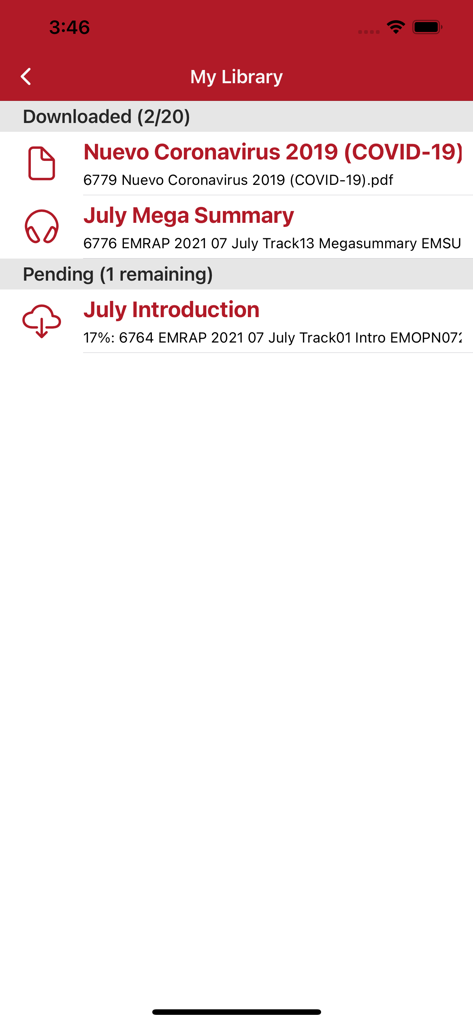 CMES - Tela do aplicativo CMES exibindo a biblioteca médica com documentos baixados e arquivos pendentes.