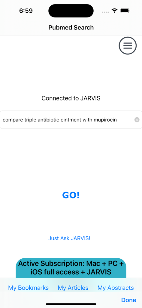iSearch Biomed - Interface of the iSearch Biomed app showing a PubMed search bar connected to the JARVIS AI assistant