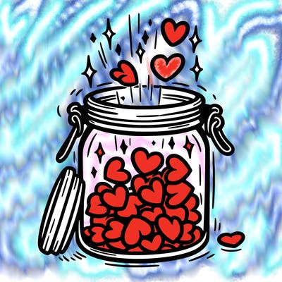 a jar filled with glowing hearts slowly opening and releasing them.