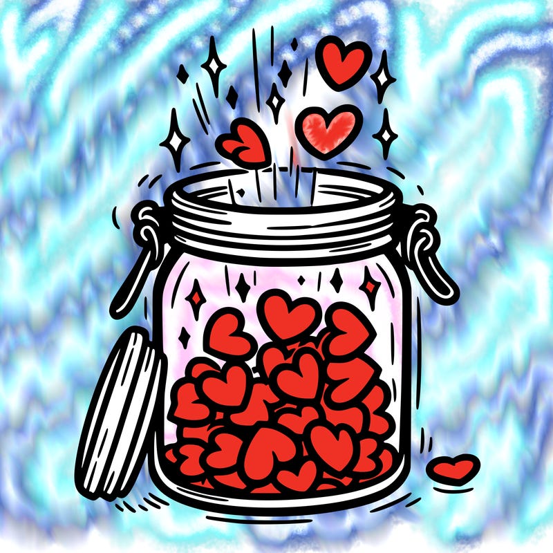 a jar filled with glowing hearts slowly opening and releasing them.