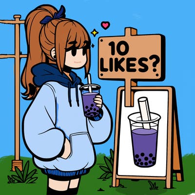 girl with oversized hoodie drinking boba and she has a high ponytail with a sign that says 10likes?
