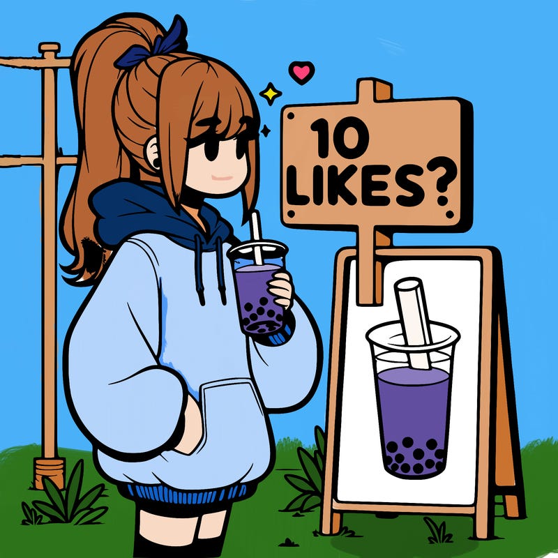 girl with oversized hoodie drinking boba and she has a high ponytail with a sign that says 10likes?