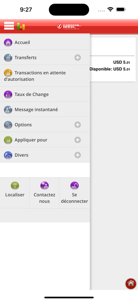 Capital Bank Mobile Banking - Menú lateral de la aplicación móvil Capital Bank con opciones de navegación para transferencias, tipos de cambio y atención al cliente