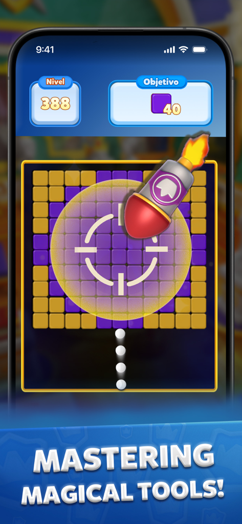 Bricks Royale - A rocket booster clearing bricks in a Bricks Royale puzzle level with a Mastering Magical Tools caption