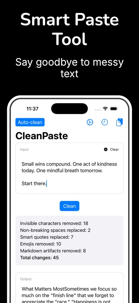 Clean Paste - Invisible Text - Clean Paste app interface showing text cleaning results for invisible characters and formatting