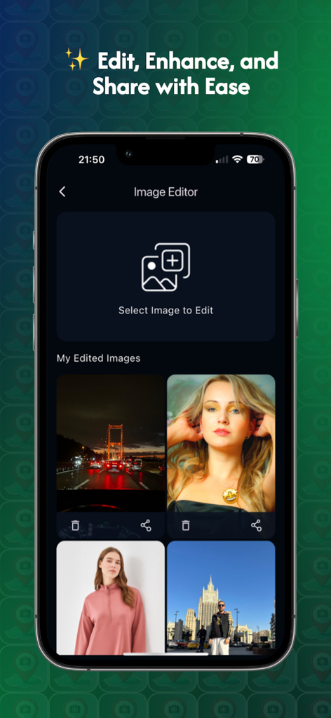 Fake Photo Finder & Locator - Interface de aplicativo móvel mostrando o recurso Editor de Imagem com uma galeria de fotos editadas