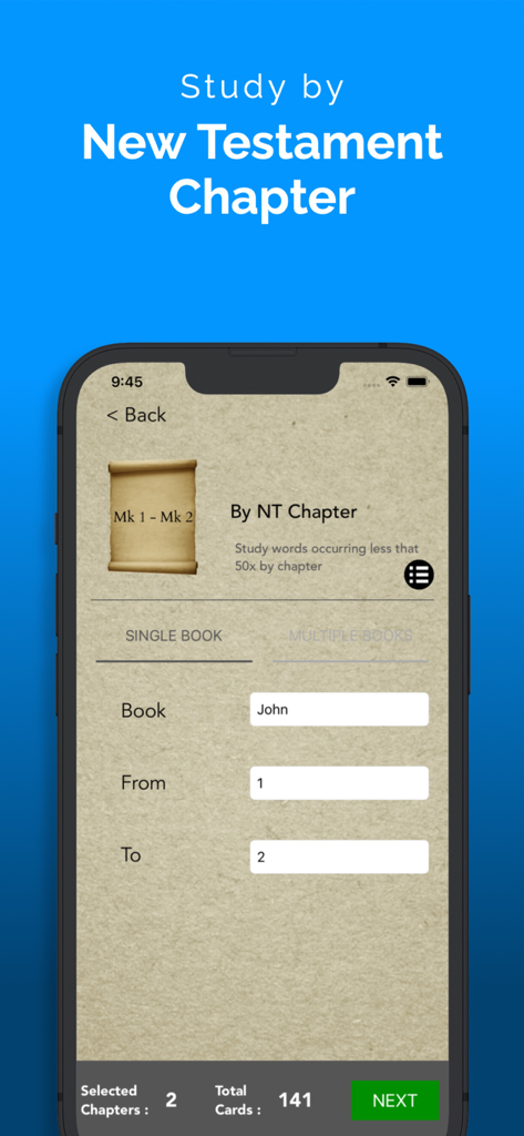 FlashGreek: Mounce edition - Interface of the FlashGreek app showing the option to study Greek vocabulary by selecting specific New Testament books and chapters.