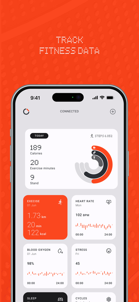 CMF Watch app interface showing a minimalist fitness dashboard with daily activity rings heart rate and blood oxygen levels