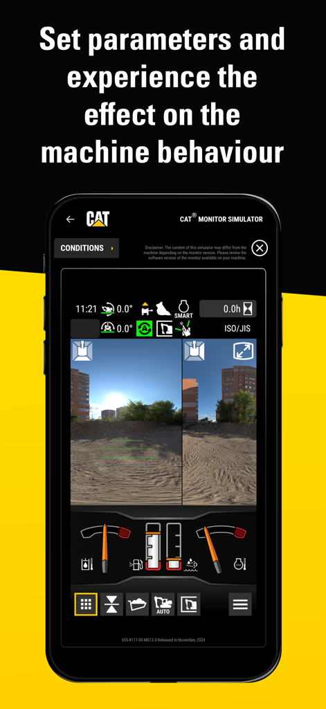 Cat® Monitor Simulator - Interface de l'application simulateur d'écran Cat affichant le tableau de bord de la machine avec flux de caméras et indicateurs