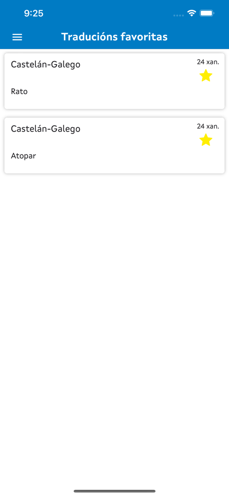 La pantalla de traducciones favoritas de la app Tradutor Gaio mostrando palabras guardadas de español a gallego