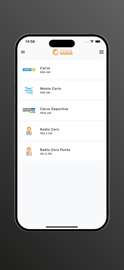Casa de Radios - A list of major Uruguayan radio stations including Radio Carve and Monte Carlo within the Casa de Radios app interface