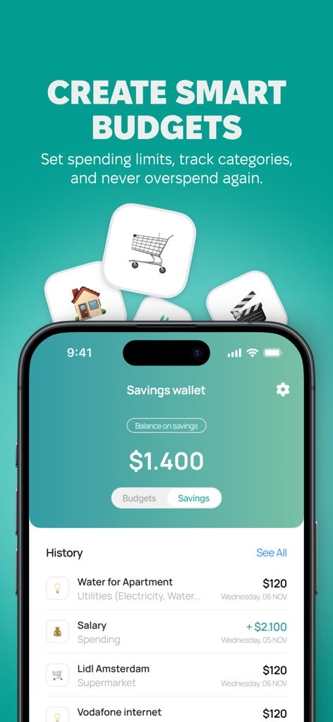 AI Budget Calculator - Aisance - Aisance app screen displaying a savings wallet balance and transaction history for budget tracking