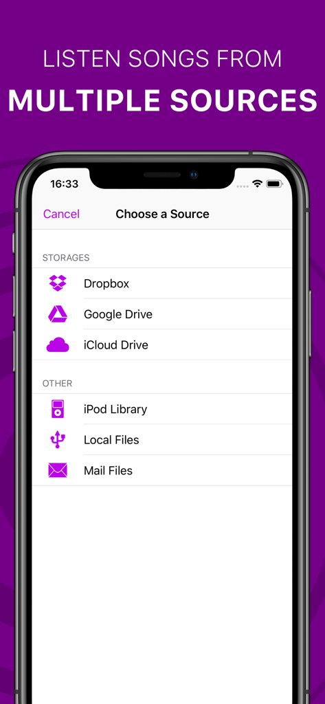 Offline Music Player & Cloud - Interface showing multiple music sources including Dropbox Google Drive and local files