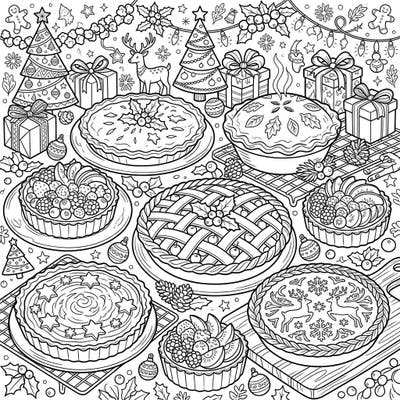 Dive into the festive joy of the season with this delightful coloring page featuring an array of tempting Christmas pies and tarts. Perfect for bringing warmth and creativity to your holiday celebrations.