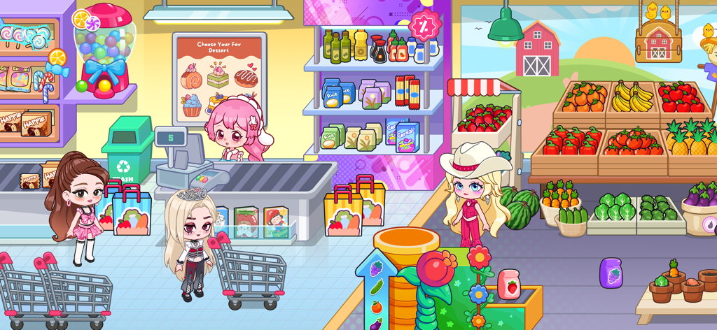 Cartoon characters shopping in a vibrant grocery store in Doll World.